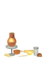 set for ceramics, pottery, tools for sculpture, pottery, dishes, tools for modeling, sculpture, brushes, loops, stacks, cycle, engobe, ceramic glaze, watercolor hand-drawn illustration
