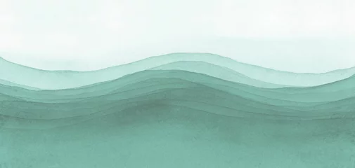 Rolgordijnen Abstract Watercolor wet flow blot smear painting. Sea wave water. Blue green color canvas texture horizontal long background. © Liliia
