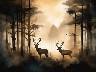 Deer silhouettes in a misty forest created with Generative AI technology.