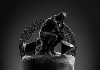 black thinking man statue and background 3d render image