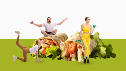 Young people following healthy lifestyle, training, eating healthy fresh food, vegetables. Wellness. Contemporary art collage. Concept of health eating, diet, health care, food. Copy space for ad