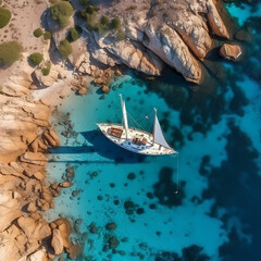Fototapeta na wymiar Sailing Boat at Sea Aerial View. Generative AI