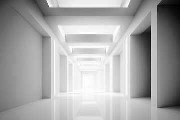 empty, minimalist hallway with bright white walls and modern ceiling lights. Generative AI
