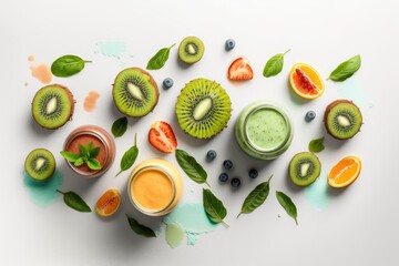 A creative layout with smoothies and fruits all around. Lay down. the idea of eating. Smoothies against a blank background. Generative AI