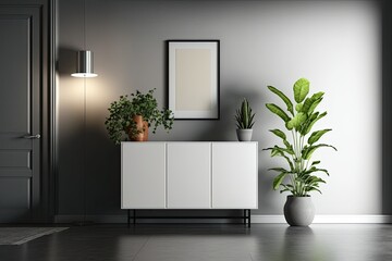 minimalist room with a potted plant and a mirror on the wall. Generative AI