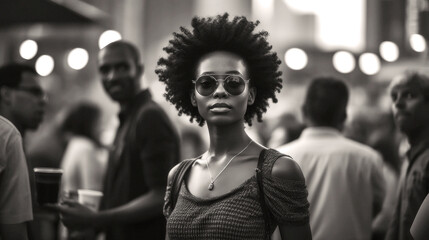 Fototapeta na wymiar Street Photography In monochrome hues, an Afro-Caribbean woman, her style street-smart and sharp, wields her sunglasses against soft amber light. Generative AI