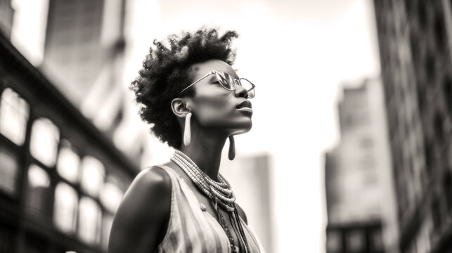 Street Photography In monochrome hues, an Afro-Caribbean woman, her style street-smart and sharp, wields her sunglasses against soft amber light. Generative AI