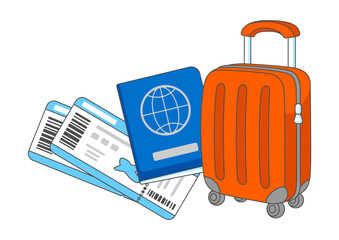 Travel aircraft illustration. Suitcase, tickets and passport for tourism advertising.