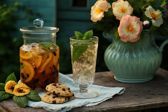 Fresh homemade peach ice tea with mint and chocolate chip cookies are served at an outside table. In the late afternoon light with yellow flowers in the backdrop, a summertime fruit Generative AI
