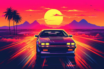 Fototapeta na wymiar 80s style illustration with car away from a sunset. Generative AI.