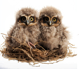 Owl chicks in nest  isolated on the transparent background PNG. AI generative.