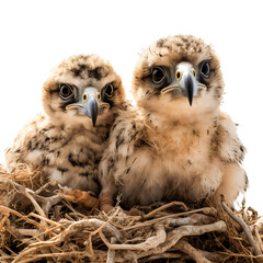 Falcon chicks in nest  isolated on the transparent background PNG. AI generative.