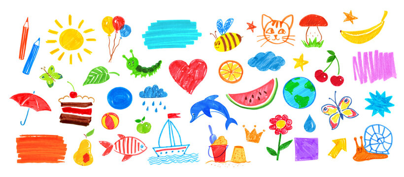 Illustration set of summer isolated child drawings