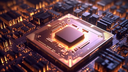 Fototapeta na wymiar 3D rendering of cyberpunk AI. Circuit board. Technological background. Mainframe computer processor CPU and GPU concept. Motherboard digital chip.