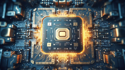 Fototapeta premium 3D rendering of cyberpunk AI. Circuit board. Technological background. Mainframe computer processor CPU and GPU concept. Motherboard digital chip.