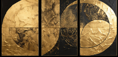 Elegant Abstraction: Luxurious Gold Leaf and Black Home Decor Artwork, Generative AI