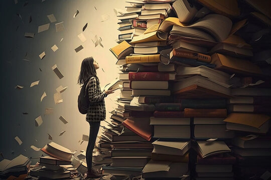 A Girl and many books. Symbol of knowledge. AI Generated
