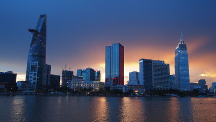 Fototapeta na wymiar Blue and orange color skies in Ho Chi Minh City
