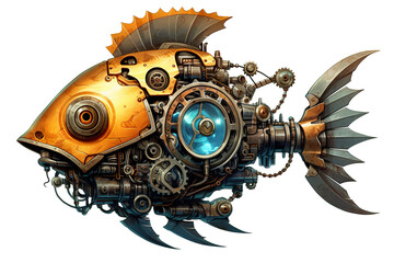 A mechanical fish with gears attached to it's body. Generative AI.