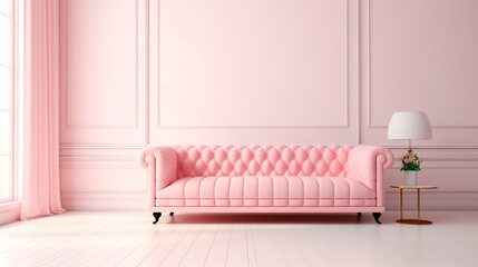 Obraz premium light pink sofa and white lamp lamp in a bright room. Generative Ai. 