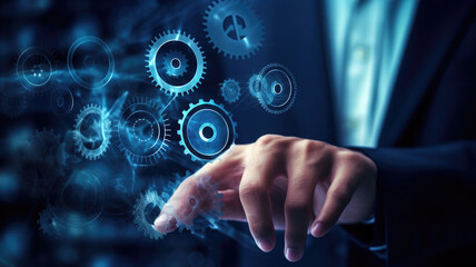 Fototapeta premium Businessman touching digital technology interface with cogwheels and gears. Business analytics and project development. Created with Generative AI