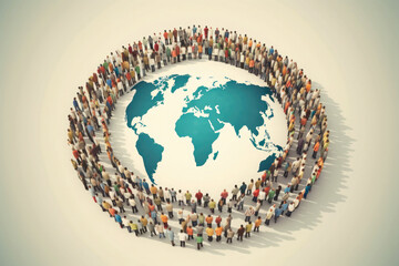 Group of people around planet Earth. Crowd of people standing tohether. Global communication. Created with Generative AI