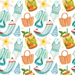Watercolor pattern, seashells, hammock, cocktail, swimwear on white background. For summer products, wrapping etc.