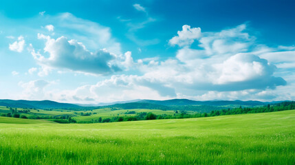 landscape with green grass and blue sky. Generative Ai. 