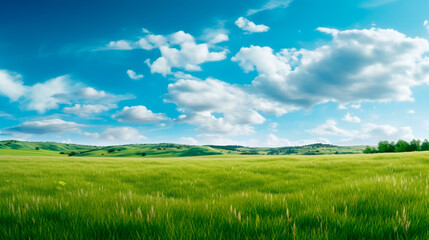 Fototapeta na wymiar green field and blue sky with clouds. Generative Ai. 