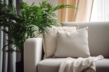 Living room interior with sofa, pillows and house plant. Place for relax at home. Cozy modern apartment. Created with Generative AI