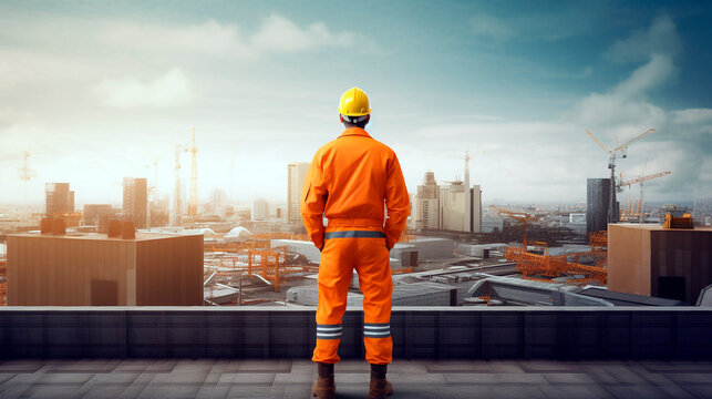 civil engineer in orange workwear from the roof of a high-rise building inspects the city. Generative Ai. 