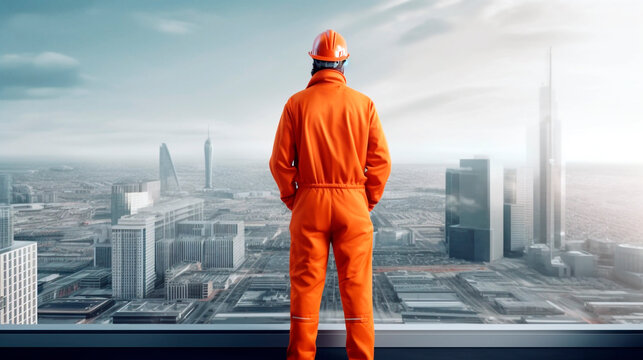 civil engineer in orange workwear from the roof of a high-rise building inspects the city. Generative Ai. 