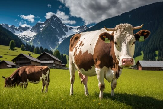 Cows on graze on an alpine meadow in the Swiss Alps in the backdrop. Generative AI