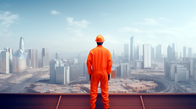 a worker in orange overalls looks at the city from the roof of a high-rise building. Generative Ai. 