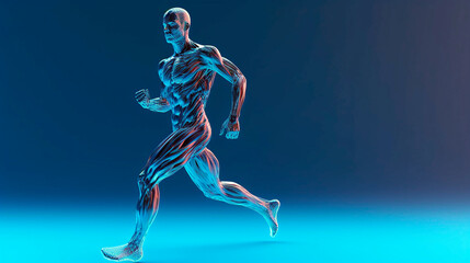 3D rendering of a running man on a blue background. Generative Ai. 