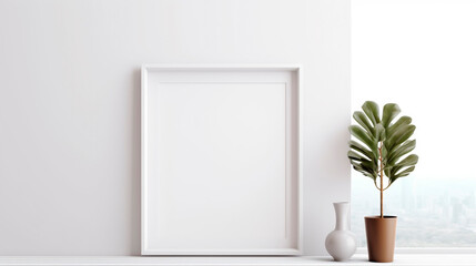 white wall with empty frame for poster mockup. Generative Ai. 