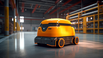 yellow robot with artificial intelligence for moving goods in a warehouse. Generative Ai. 