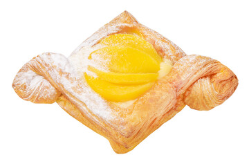 Cake from puff pastry swirled with peaches, isolated on transparent background