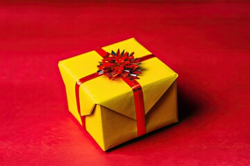 yellow gift box with a red ribbon on a red background. Generative AI