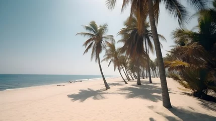 Gordijnen Palmy Trees Provide Shade on a Beautiful Sandy Beach, as the Sun Reflects on the Sparkling Sea © Ranya Art Studio