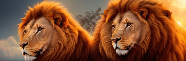 Two magnificent lions, members of pride, exude strength and grace. The male with majestic and powerful mane, stands tall and confident. Lioness, sleek and agile, emanates sense elegance. Generative AI