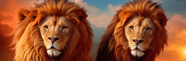 Banner of Two lions from a pride. They emanating a sense of strength and dominance. Dramatic sky with vibrant colors and contrasting tones with intense oranges, purples, and golden hues. Generative AI