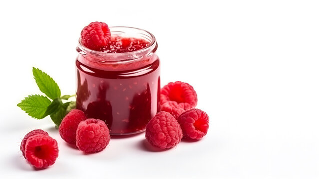 A jar of raspberry jam and fresh raspberry on a white isolated background with copy space. Generative AI.