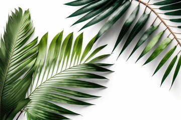 a white backdrop with an isolated image of coconut or palm leaves and a clipping path for design elements a tropical leaf, a summer scene. Generative AI
