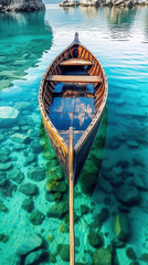 Obraz premium A wooden boat is floating in clear water mountains, beautiful landscape. Generative AI