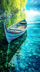 A wooden boat is floating in clear water mountains, beautiful landscape. Generative AI