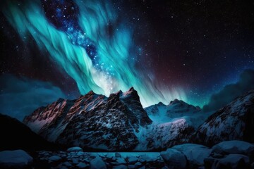 Fototapeta na wymiar majestic mountain landscape with aurora borealis lights in the sky. Generative AI
