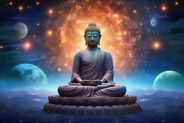 Buddha sits in a pose of meditation in Universe. Generative AI