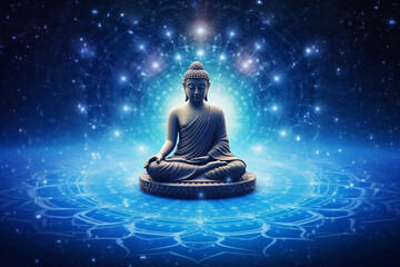 Buddha sits in a pose of meditation against the backdrop of blue glow. Generative AI
