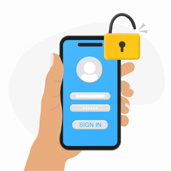 Sign in to online account on smartphone app. User interface. Secure login and password. 3D Vector Illustrations. Hand holding mobile smart phone with log in app. Free to edit 3D vector. UI interface.